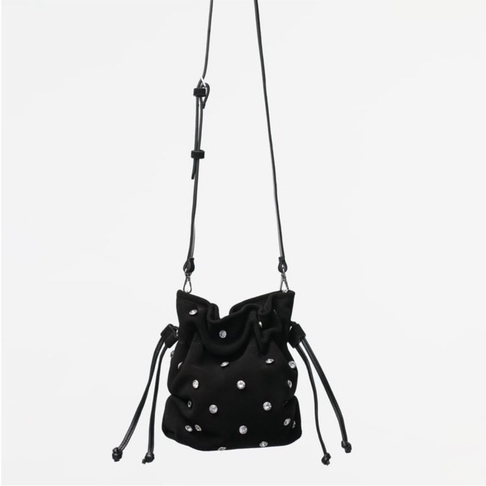 Zara Black Crossbody Bag with Adjustable Strap and Drawstring Closure